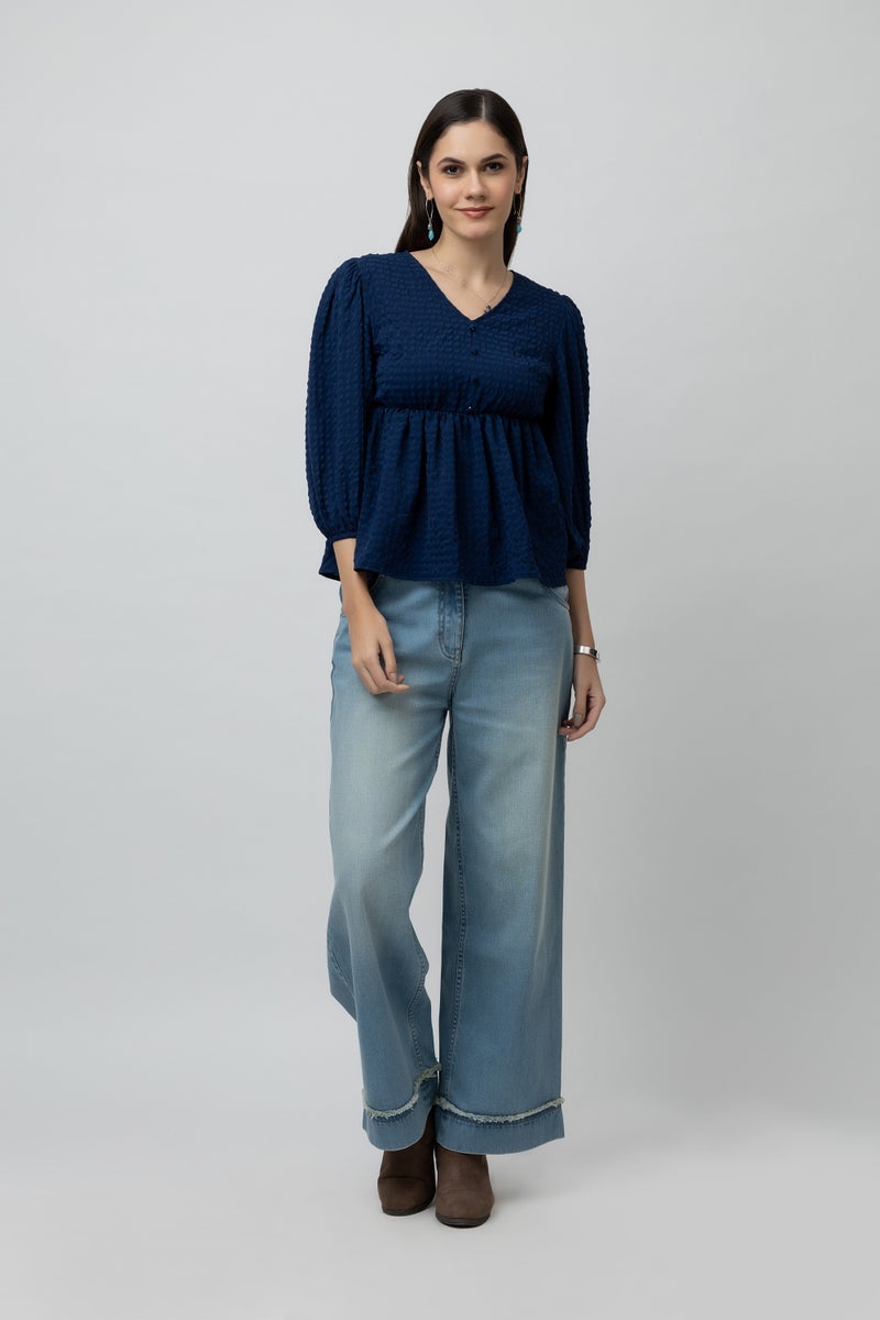 7OUNCE Blue Women's V-Neck Textured Peplum Top - Image 1